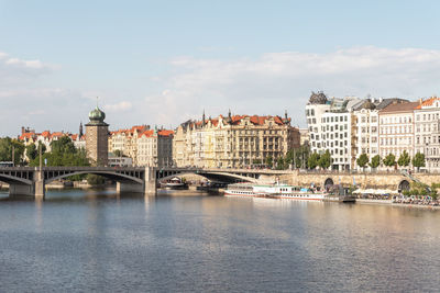 Buildings by river against sky