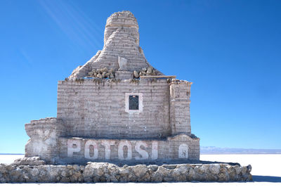 Low angle view of historical building against clear blue sky