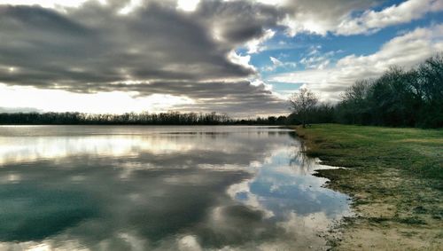 Scenic view of lake against cloudy sky