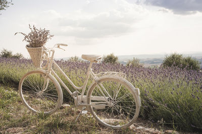 Bicycle on field against sky