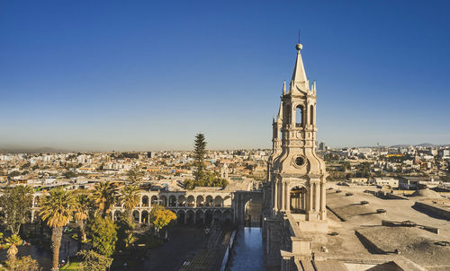 Aerial drone view of arequipa main square and cathedral church at sunset. arequipa, peru.