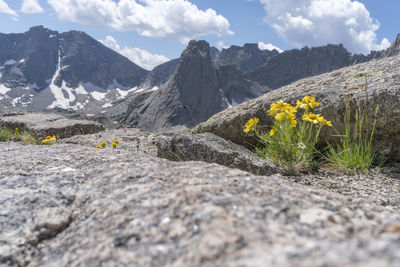 Scenic view of mountains against cloudy sky