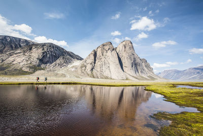 Scenic view of lake and mountains against sky