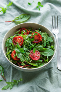 Vegan food healthy fresh vegetables salad. salad with arugula and cherry tomatoes.