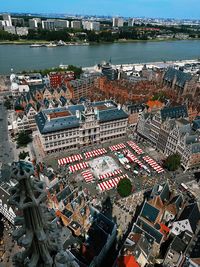 High angle view of townscape by sea