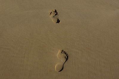 High angle view of footprints at sandy beach