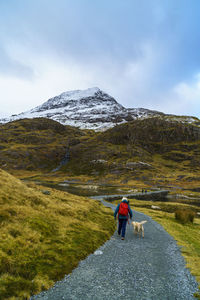 Rear view of people walking on snowcapped mountain against sky