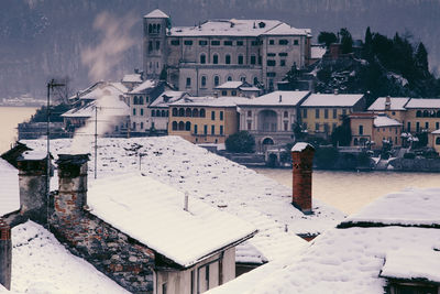 High angle view of snow covered city