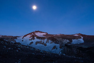 Low angle view of snowcapped mountains against clear blue sky