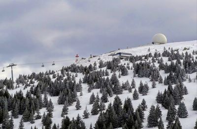 Snowy landscape with ski slopes and meteorology station in ski center
