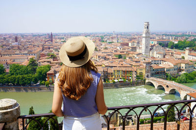 Woman sightseeing verona city landmarks vacations in italy 