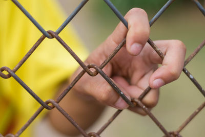 Close-up of hand holding chainlink fence