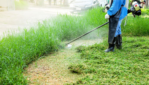 Low section of men working on grassy land