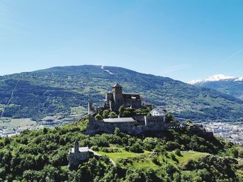 Panoramic view of buildings and mountains against clear sky