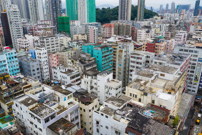 High angle view of modern buildings in city