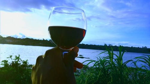 Man holding glass of wine against sky