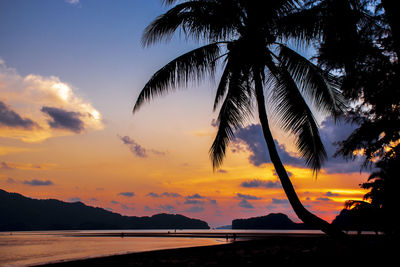 Silhouette palm trees by sea against romantic sky at sunset