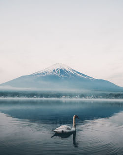 Scenic view of lake by snowcapped mountain against sky