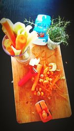 High angle view of chopped vegetables on cutting board