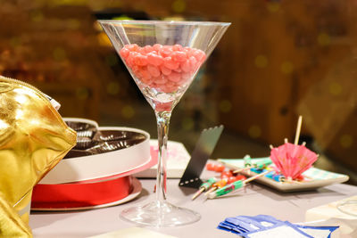 Close-up of ice cream served on table