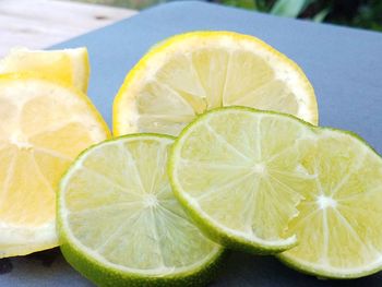 Close-up of lemon slice on table