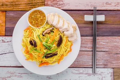 High angle view of breakfast served on table