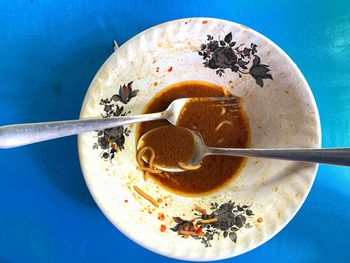 High angle view of breakfast served on table