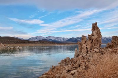 Scenic view of lake and mountains against sky