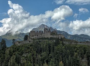 Scenic view of mountains against cloudy sky