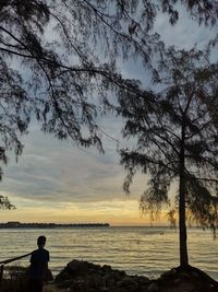 Silhouette people looking at sea against sky during sunset