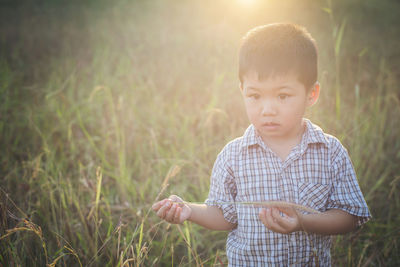 Portrait of cute boy scratching head while standing on grassy field during sunny day
