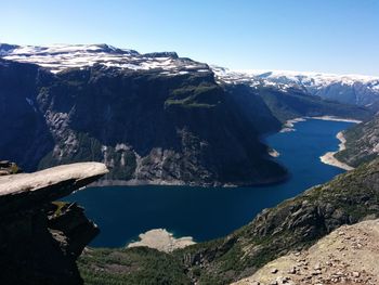 Scenic view of lake and snowcapped mountains against sky