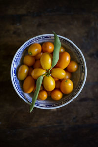 High angle view of fruits in bowl on table