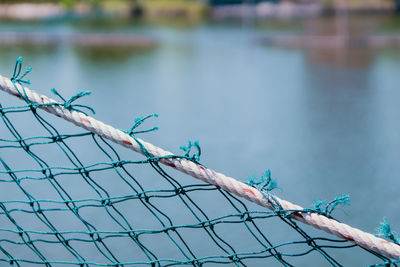 Close-up of barbed wire fence against blue sky