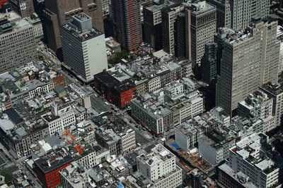 High angle view of modern buildings in city