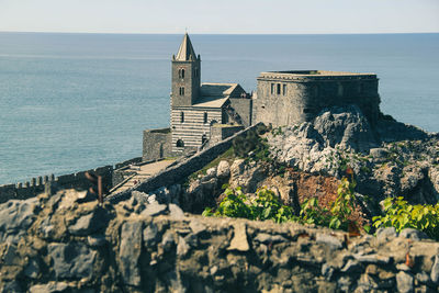 Building by sea against sky