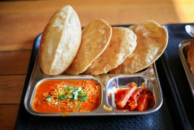 High angle view of food in plate on table