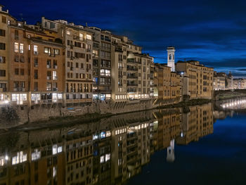 Reflection of illuminated buildings in lake at night