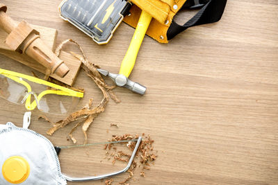 High angle view of tools on table