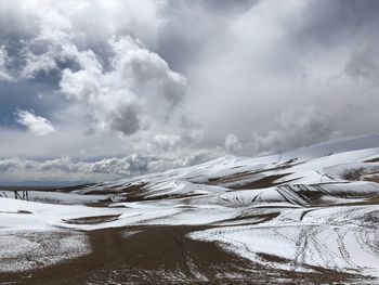 Scenic view of snow covered land against sky