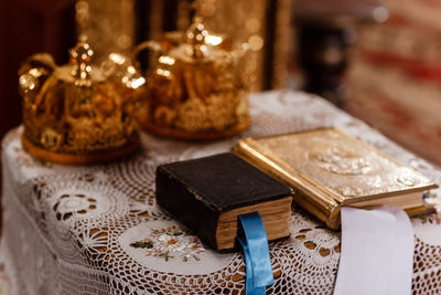 Close-up of books on table