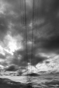 Low angle view of power lines against cloudy sky