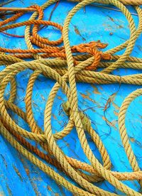 High angle view of ropes on old boats