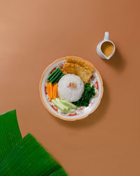 High angle view of breakfast served on table