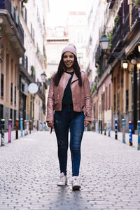 Portrait of a happy beautiful caucasian woman with wool hat