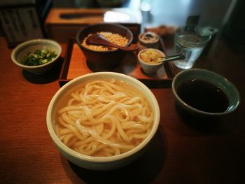 High angle view of meal served on table