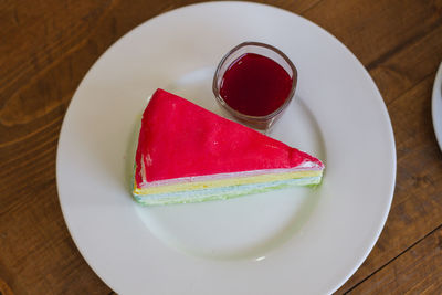 High angle view of cake in plate on table