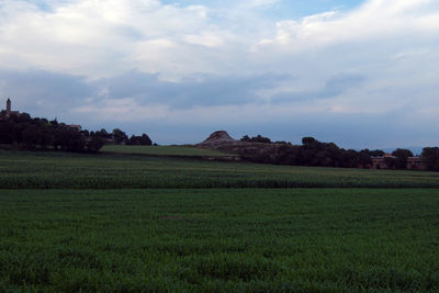 Scenic view of grassy field against cloudy sky