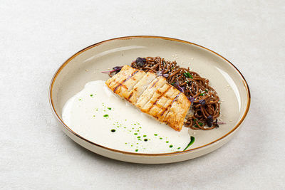 High angle view of food in plate on table