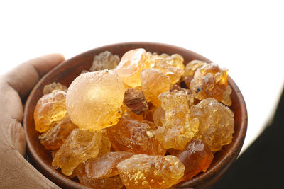 Close-up of food in bowl against white background